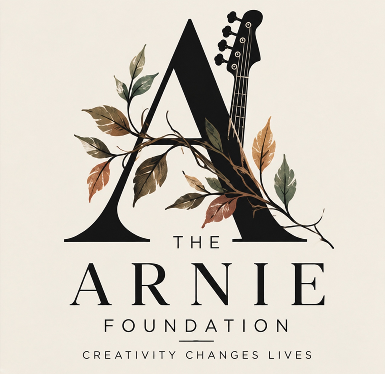 The Arnie Foundation logo: a botanical letter A with a bass guitar, and the tagline Creativity Changes Lives